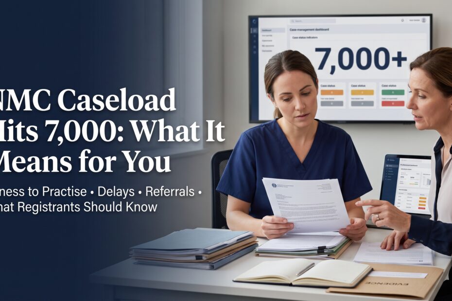 Bilkul — is topic mein **nurse-focused visual** hona chahiye, aur image directly **7,000+ NMC Fitness to Practise caseload + what it means for nurses/midwives** ko show kare. Current reporting says the NMC caseload has exceeded 7,000, with concerns around referral volumes, staffing and delays. ([Nursing in Practice][1]) ### Professional Photorealistic Featured Image Prompt > **Create a premium, ultra-realistic editorial photograph specifically representing the topic "NMC Caseload Hits 7,000: What It Means for You" for a UK nursing and midwifery Fitness to Practise website.** > > **SCENE:** A professional **UK nurse** sitting in a private hospital staff office reviewing an NMC Fitness to Practise case file and official correspondence. The nurse is calm but serious, carefully reading the documents and discussing the situation with a **senior nurse or professional regulatory adviser**. On the desk are organised case files, professional correspondence, reflective practice notes, CPD records, a notebook, laptop and evidence folder. The visual story should communicate **a growing regulatory caseload, uncertainty about an investigation, understanding the process, and taking informed next steps**. > > In the background, subtly show a laptop or large monitor displaying a **professional case-management dashboard with a large abstract "7,000+" figure and several neutral case-status indicators**. The screen must look like a genuine professional data dashboard, with no real NMC logo and no other readable text. > > **PEOPLE:** The main subject must clearly be a **professional nurse**. The second person should be a **senior nurse or professional regulatory adviser**. **No doctors, no dentists, no patients, no physician associates.** > > **COMPOSITION:** Place both professionals, desk, case files and monitor completely within the **RIGHT 55%** of the frame. Keep the **LEFT 45% completely clean and uncluttered**, with no people, hands, documents or furniture entering the title area. > > **TITLE ON LEFT:** Add the exact headline in large, elegant, bold white professional typography: > > **"NMC Caseload Hits 7,000: What It Means for You"** > > Underneath, add a smaller refined subtitle: > > **"Fitness to Practise • Delays • Referrals • What Registrants Should Know"** > > The title must have **ZERO overlap** with the people or objects. Typography should look professionally designed by a premium UK healthcare publishing agency, with excellent spacing, hierarchy and readability. > > **SETTING & PHOTOGRAPHY:** Authentic UK hospital staff office, realistic nursing environment, natural daylight, premium professional desk, genuine case paperwork, laptop, organised folders, realistic nurse uniforms, subtle NHS-style clinical environment without logos, realistic skin textures, natural facial expressions, authentic body language, premium DSLR editorial photography, 85mm lens, realistic shadows, subtle depth of field, natural colour grading, sophisticated navy, white and neutral tones. > > **STRICTLY AVOID:** AI illustration appearance, 3D rendering, holograms, floating icons, glowing graphics, giant artificial "7,000" graphics, courtroom, police, handcuffs, panic, crying, dramatic disciplinary atmosphere, doctors as main subjects, clutter, overlapping elements, distorted hands, fake readable documents, real NMC logos, watermark. > > **The final image must look like a genuine photograph commissioned for a premium UK nursing regulation website — serious, current, informative, trustworthy and professional. 16:9 landscape, ultra-realistic 8K professional editorial photography.** [1]: https://www.nursinginpractice.com/latest-news/concerns-raised-as-nmc-fitness-to-practise-caseload-tops-7000/?utm_source=chatgpt.com "Concerns raised as NMC fitness to practise caseload tops ..."